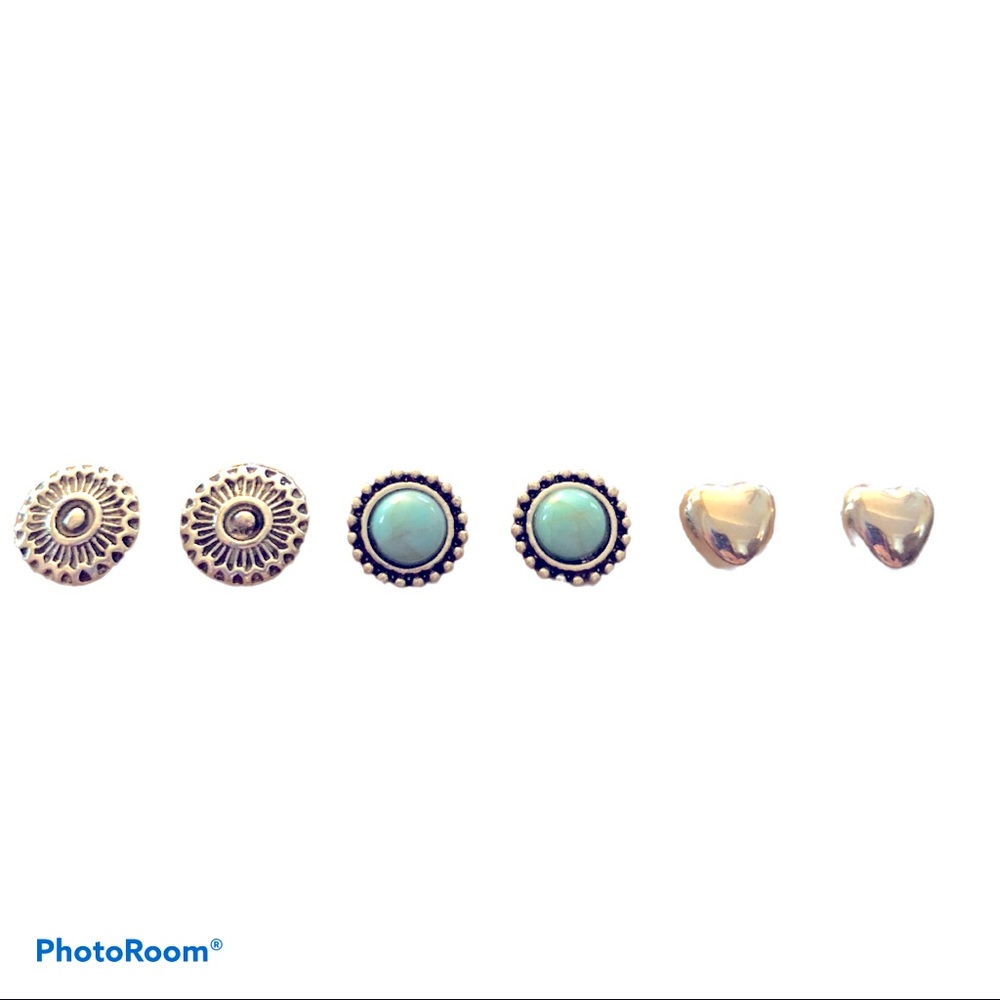 New! Bundle 3 Boho‎ Southwestern Studs Stamped Heart Turquoise